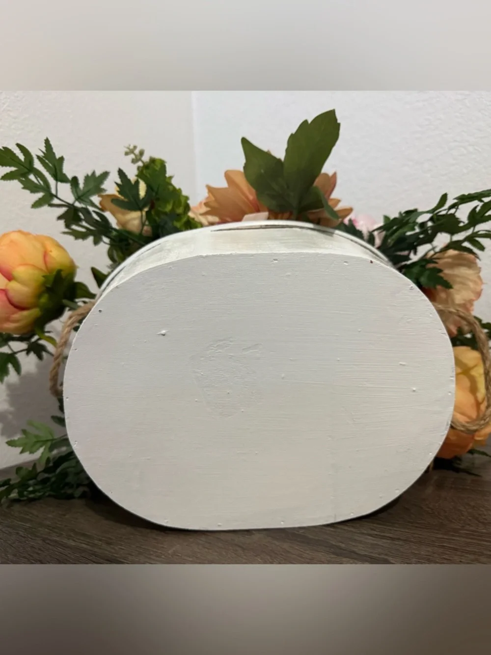 Vtg. Peach Floral Arrangement in White Wood Basket - Home Accents